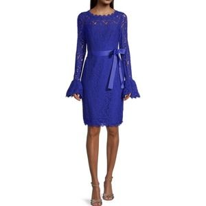 By Shani New $408 Blue Lace Bell Sleeve Knee Length Sheath Dress US6